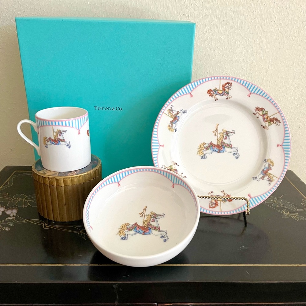 Tiffany & Co. Tiny Tiffany “Carousel” Bone China 3 Piece Child’s Set w/ Box